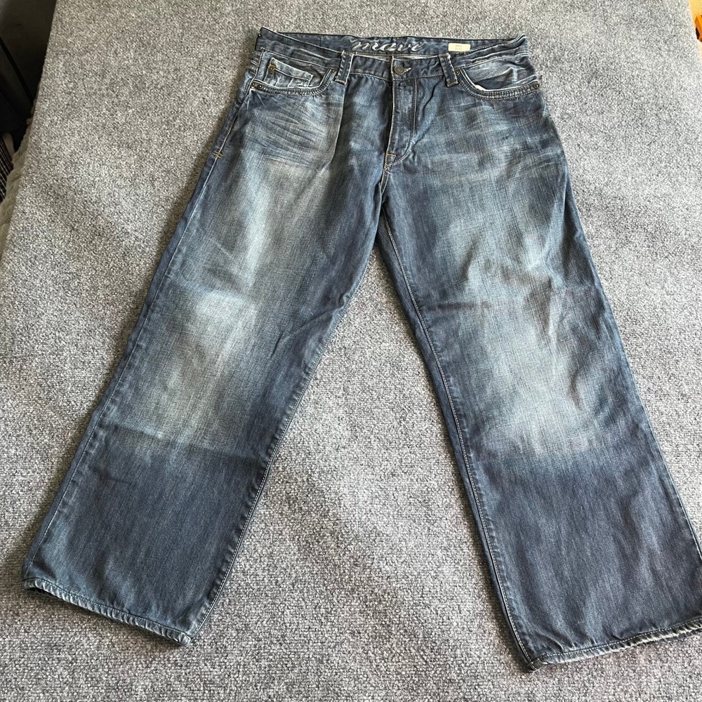 Mavi Max Mens Wide Leg Jeans Mid Rise Dark Wash Denim Blue Baggy 38x29